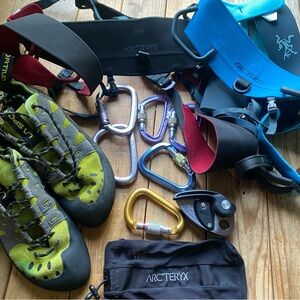 Climbing Gear Lot Petzl Belay, Arc'teryx Harness (2) Large, Carbiners, Shoes